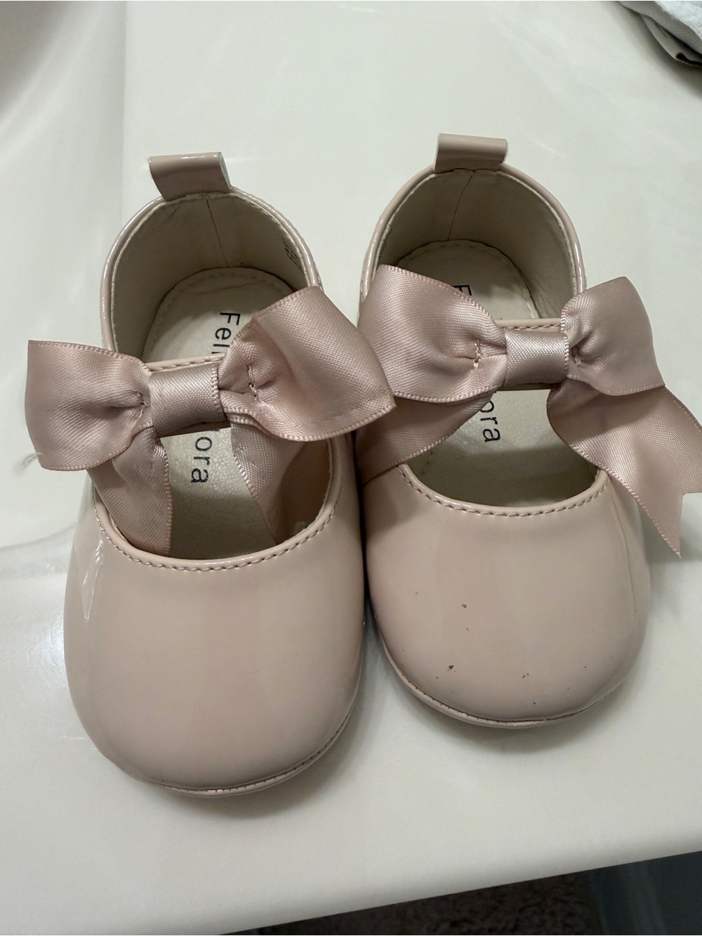 Baby Satin Bow Patent Mary Jane Shoes — Blush
